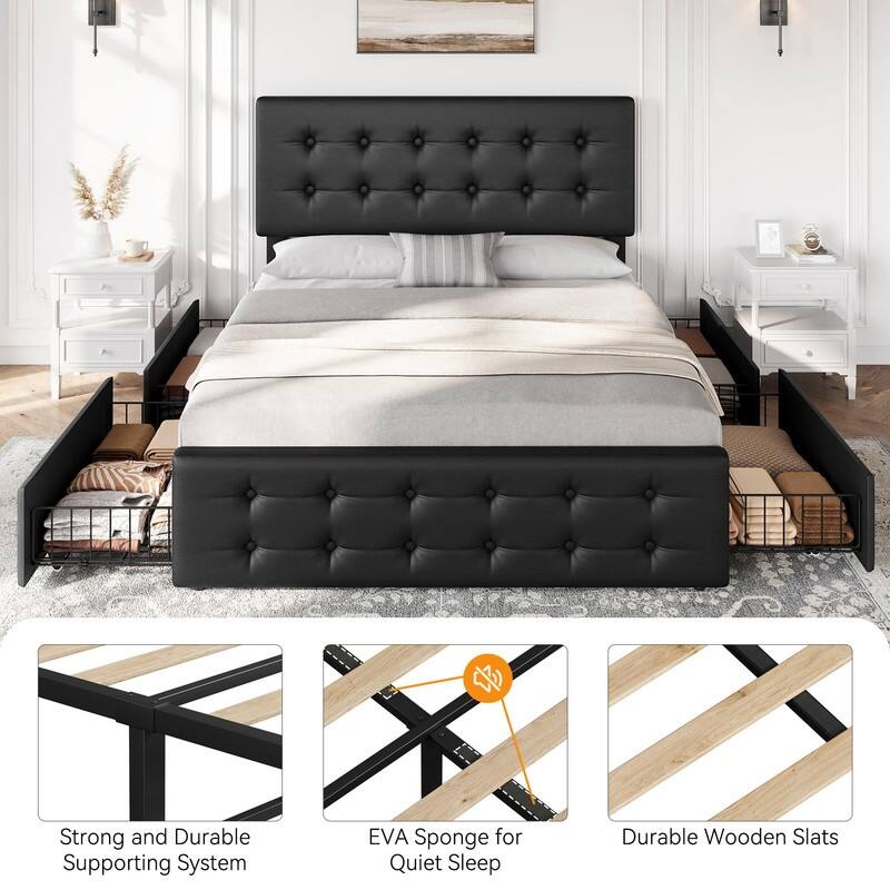 Upholstered Bed with 4 Drawers and Adjustable Button-Tufted Linen Headboard