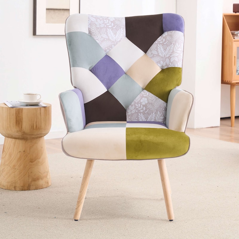 Upholstered Wingback Accent Chair with Rubberwood Legs & Levelers