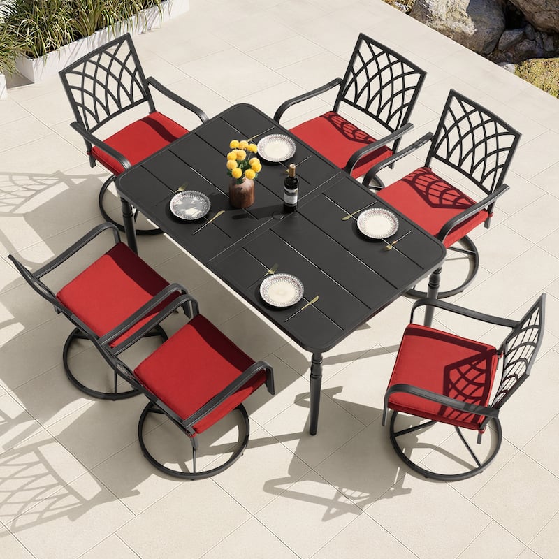 Patio Metal Swivel Dining Set of 7 with Zippered Cushions and Umbrella Hole