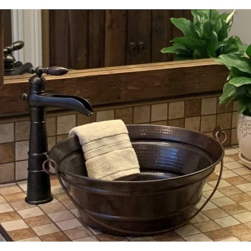 15" Round Copper BUCKET / PAIL Vessel Bathroom Sink with Handle - 15" X 15" X 6"