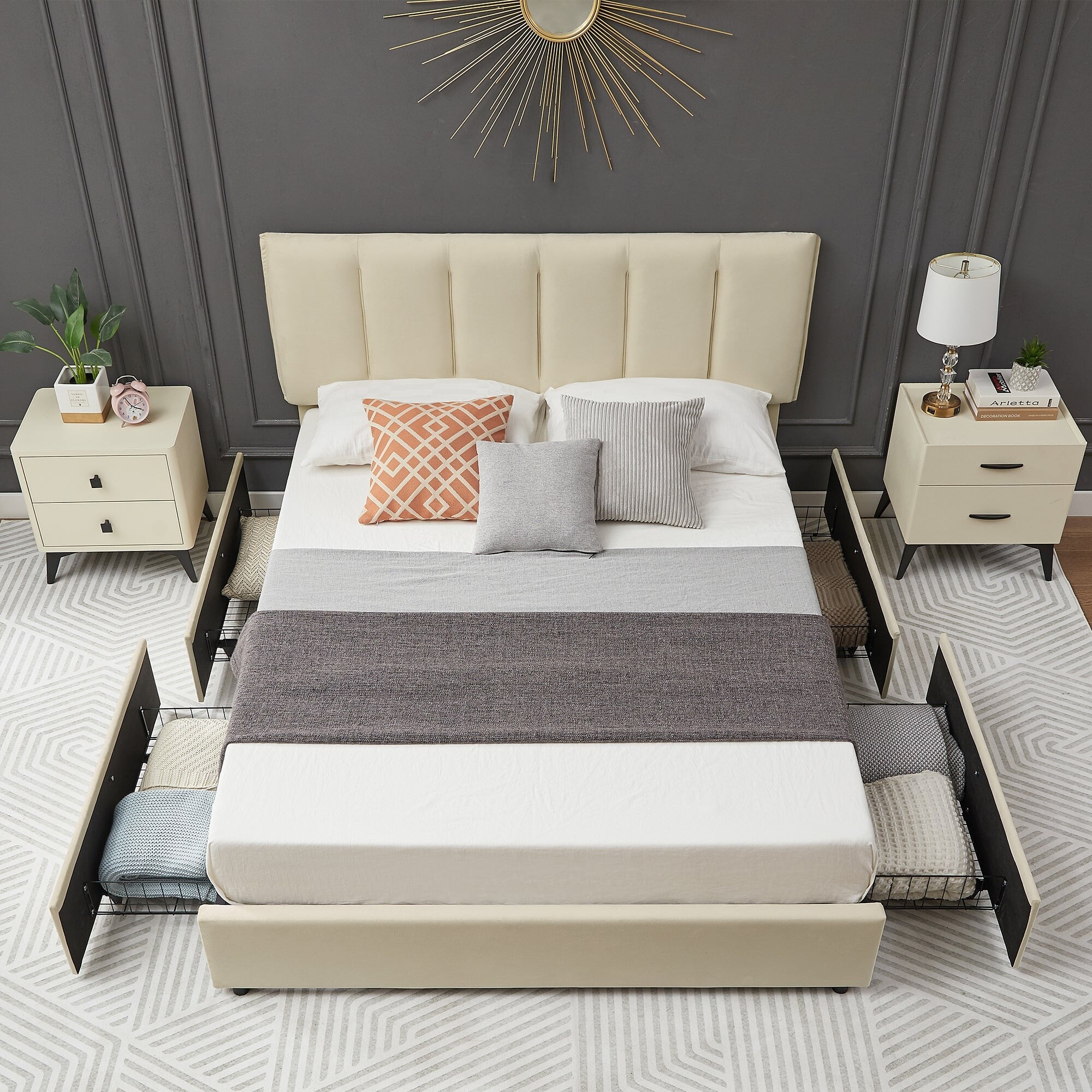 Upholstered Platform Bed Frame with 4 Drawers, Headboard and Footboard  Metal Support, No Box Spring Required, King/Queen/Full - Bed Bath & Beyond  - 38368955
