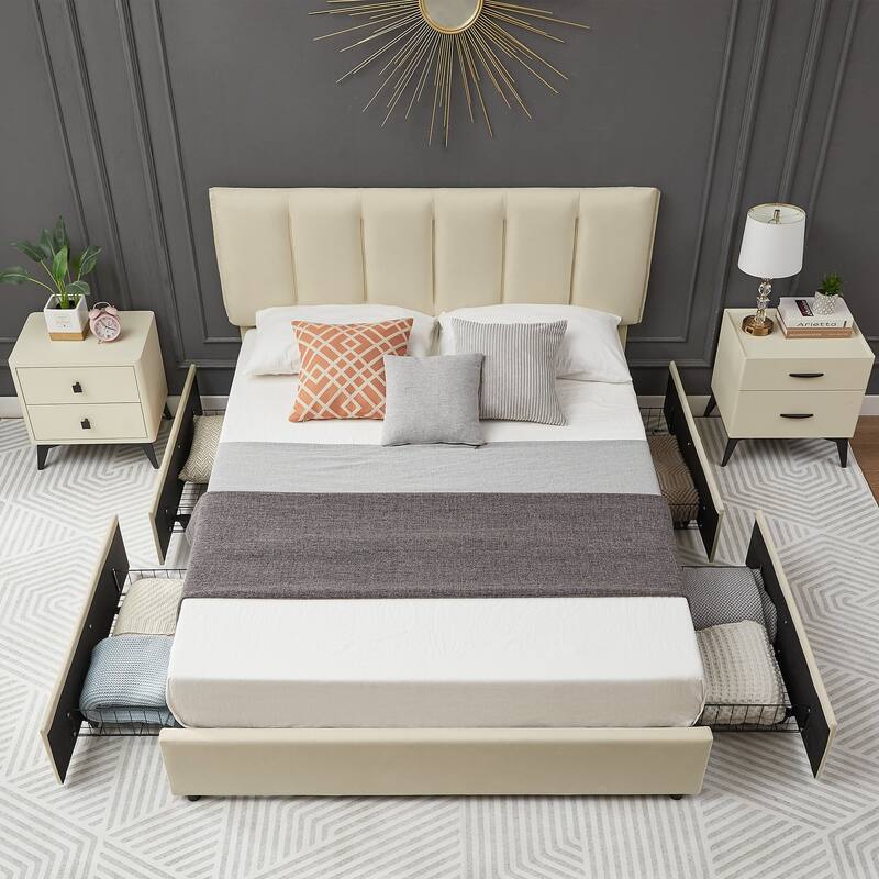 VECELO Bed Frame with 4 Storage Drawers, Upholstered Platform Bed Frame with Adjustable Headboard