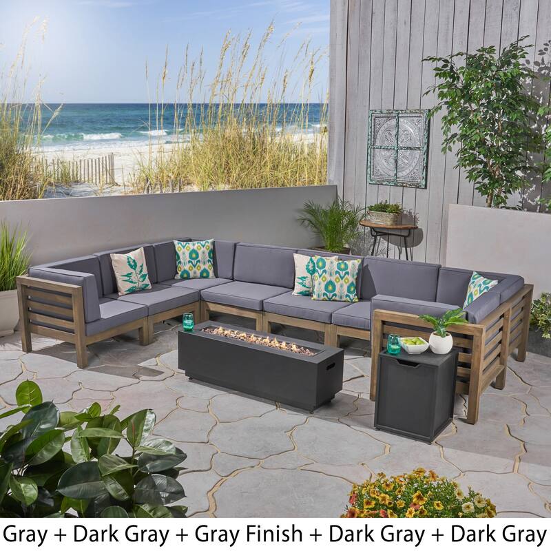 Malawi Outdoor 10-Piece U-Shaped Acacia Wood Sectional Sofa Set with Fire Pit by Christopher Knight Home