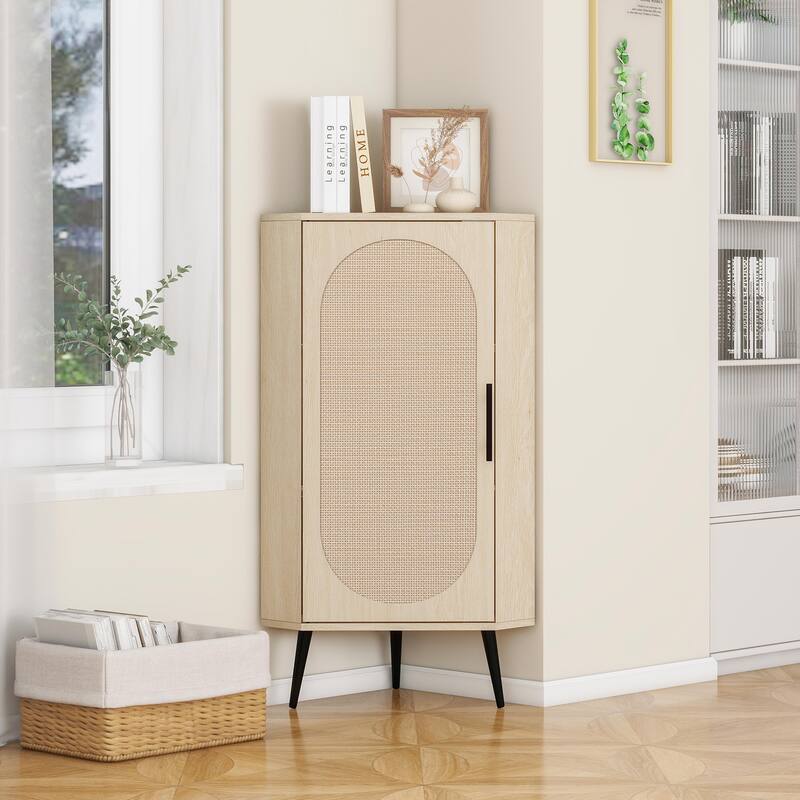 Roomfitters Corner Cabinet with Rattan Door, Freestanding Storage Shelf Stand for Small Spaces
