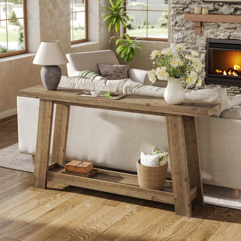 63-Inch Narrow Solid Wood Console/Entryway/Sofa Table Behind Couch with 2-Tier Shelf