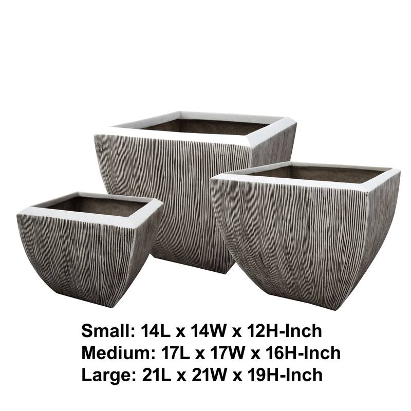 Hand Made Square Flower pot with Ribbed Design, White, Set of 3