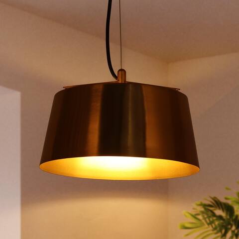 Mid-century Modern 1-light Metal Pendant Light Brass Drum Chandelier for Kitchen Island - 10.6 inches