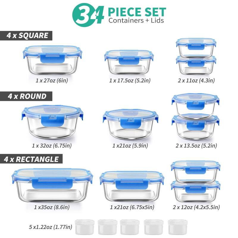34pcs Glass Food Storage Containers with Lids Set, Airtight Glass Meal Prep Containers (17 Containers & 17 Lids)