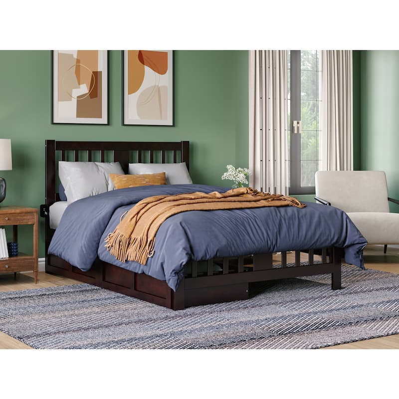 Full Bed with Footboard & Drawers - Espresso Wood Bed Frame, Charging Station, Solid Hardwood Construction