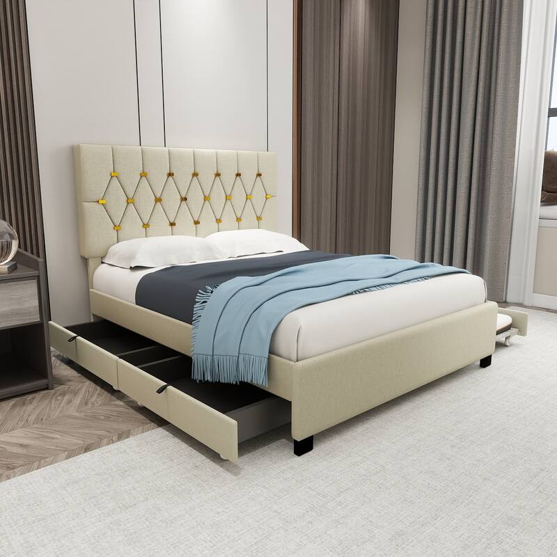 Beige Velvet Queen Bed with Twin Trundle and 2 Storage Drawers