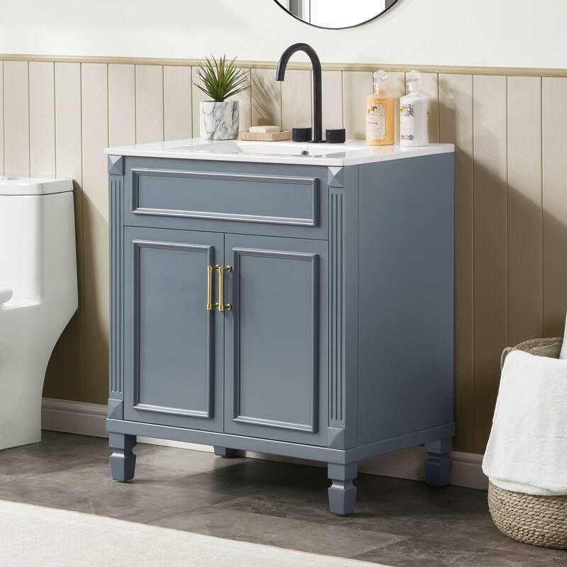 Modern 30" Freestanding Bathroom Vanity Cabinet Wood Frame with Ceramic Sink and Soft-Close Storage - Grey