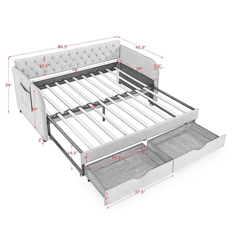 Twin Size Linen Upholstery Daybed with Trundle Bed,Two Storage Drawers