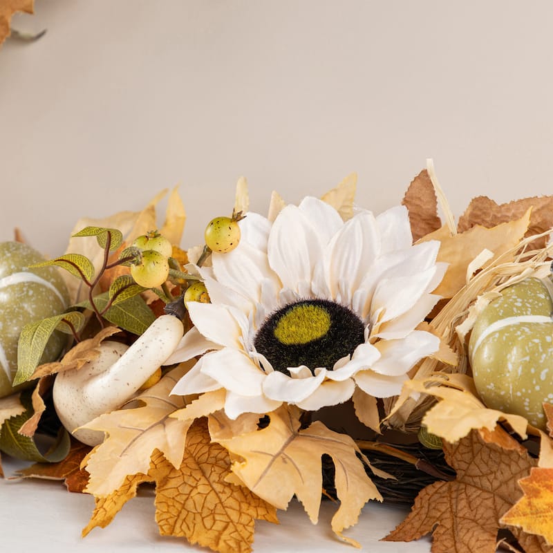 Glitzhome Fall Sunflower Pumpkin Floral Aritificial Garland or Swag Wreath with Free Hanger