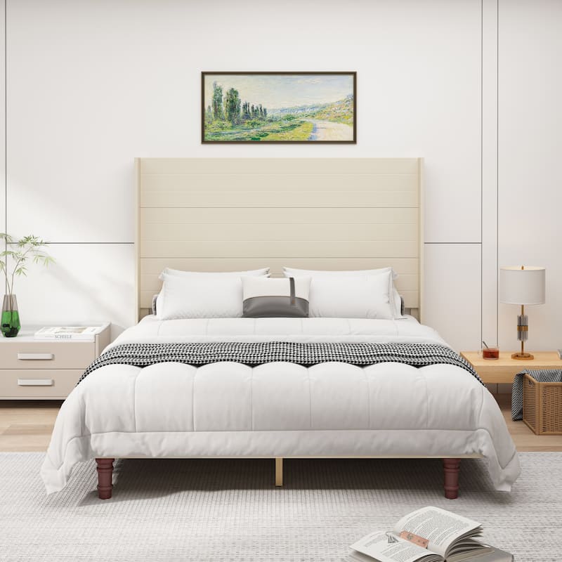 Queen Size Platform Bed Elegant High Headboard Bed Comfortable High Back Design - Beige