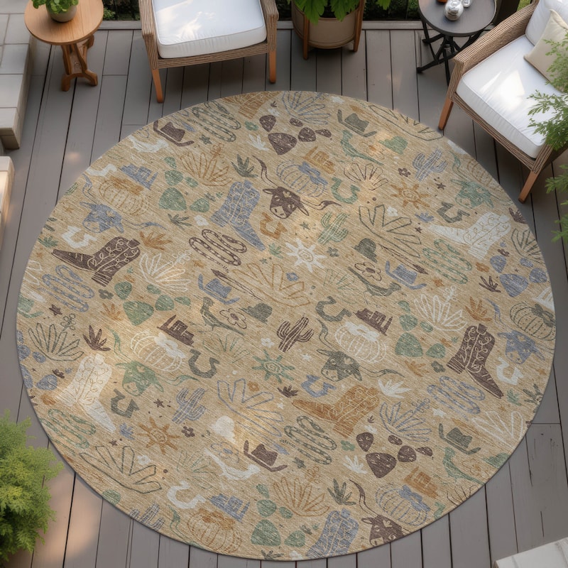 Machine Washable Indoor/ Outdoor Modern Ranch Chantille Rug - Gold - 8' x 8'
