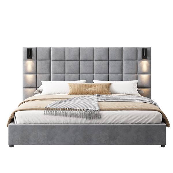 Svens Modern Upholstered Velvet Platform Bedframe & Headboard with Lamps and USB Ports, Grey