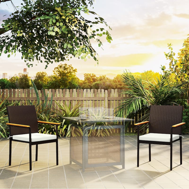 2-Piece UV-Resistant Rattan Outdoor Dining Chairs Set with Removable Cushion Covers and Acacia Armrests