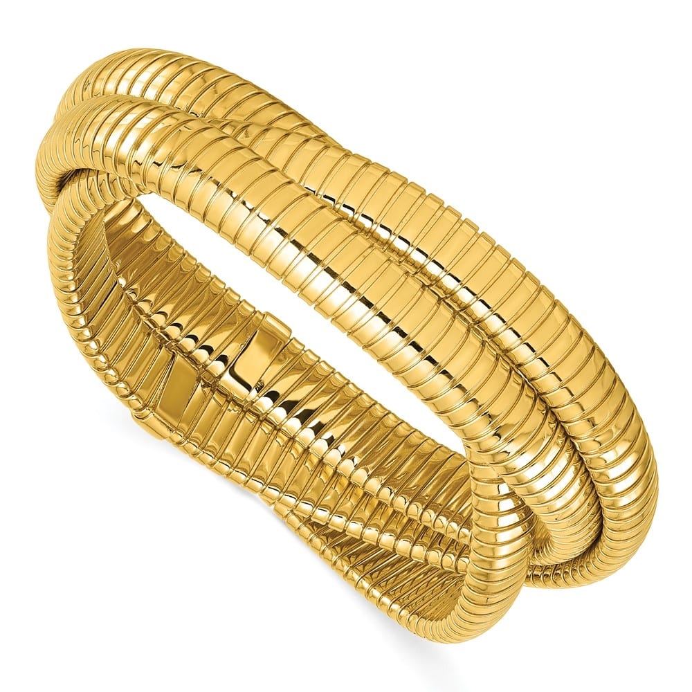 Curata Italian 18k Yellow Gold 7" Tubogas 3-Strand Rolling Slip-On Bangle Bracelet - 24mm x 7"