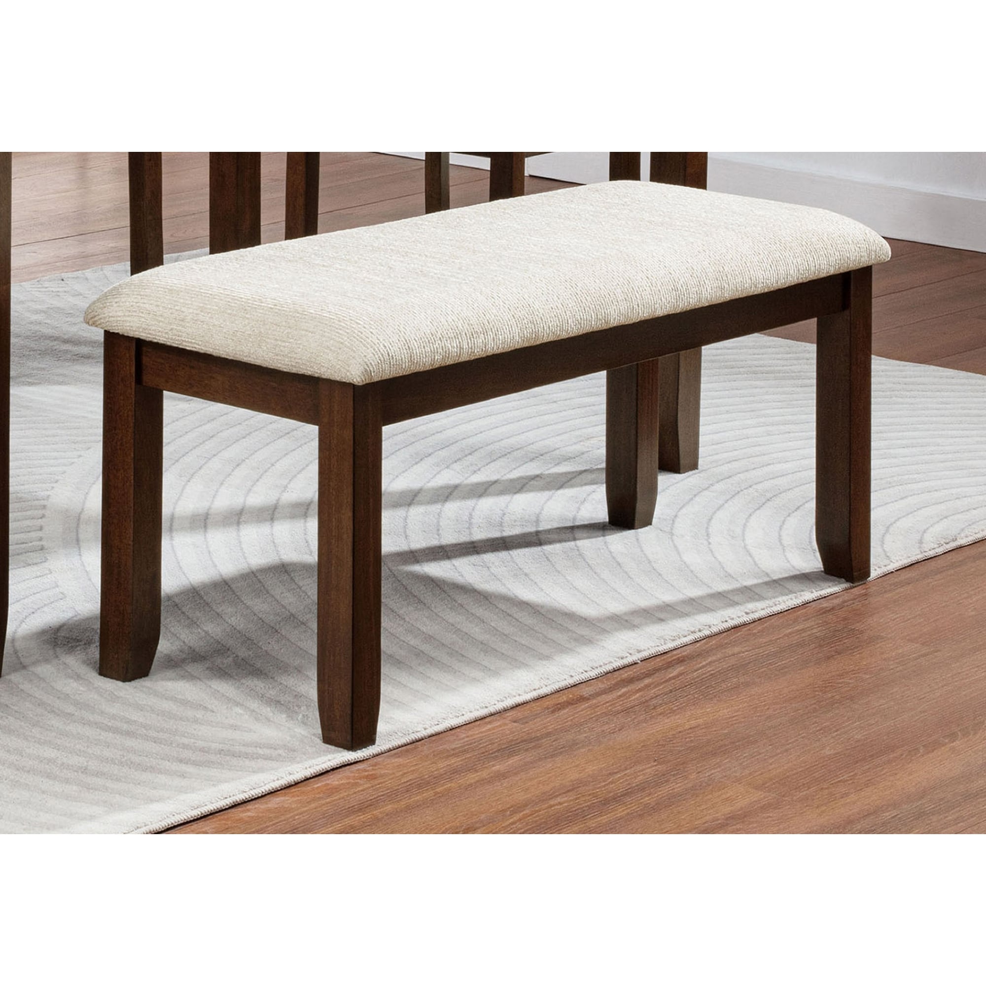 Bench With Rich Wood Finish And Beige Fabric Upholstery For Dining Room