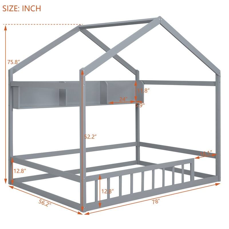 Wooden House Bed with Storage Shelf，Fence and Roof