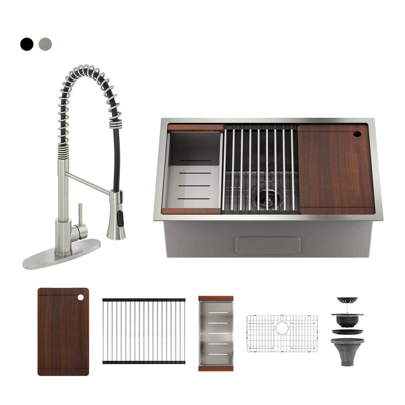 Stainless Steel Sink 30 in. Single Bowl Undermount Workstation Kitchen Sink with Faucet and Accessories - Silver
