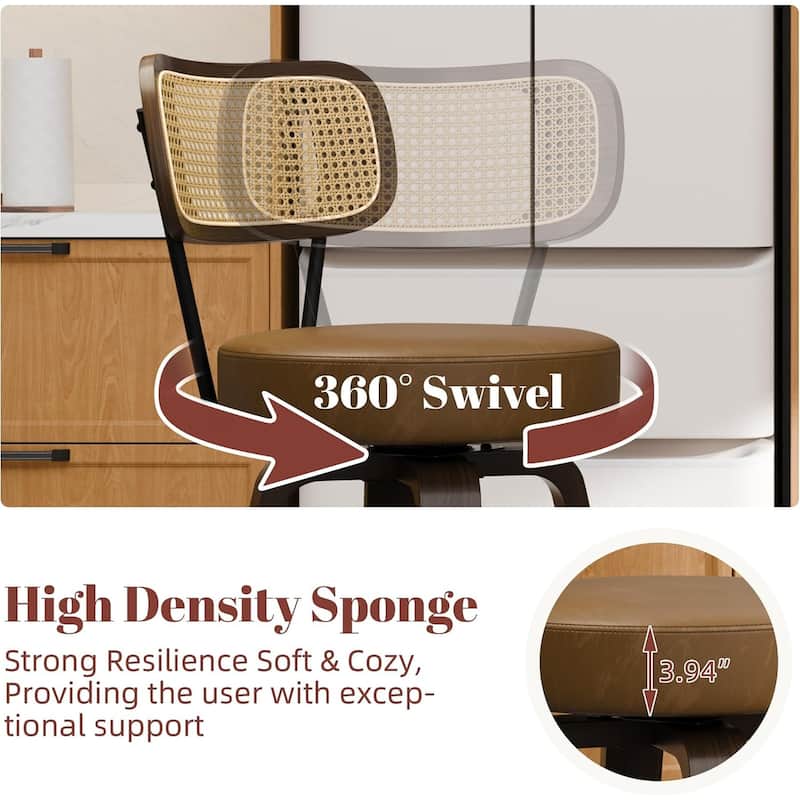 XINMICS 26 Inches Swivel Counter Height Bar Stools with PE Rattan Back, Faux Leather Upholstered Bar Chairs, Set of 2/3/4