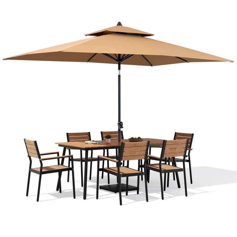 9-Piece Patio Dining Set Outdoor Aluminum Dining Table and Stackable Chairs with Umbrella and Base