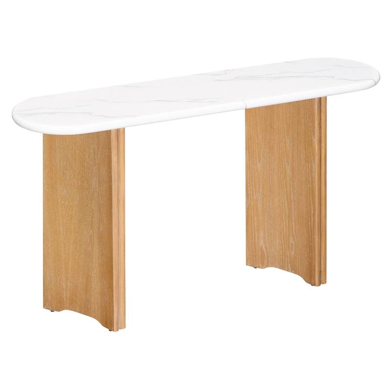 Rustic Sofa Table Narrow Console Table with Oval Faux Marble Top
