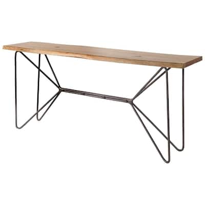 HomeRoots Medium Brown Solid Acacia Wood Console Table With Solid Iron Base. - 16