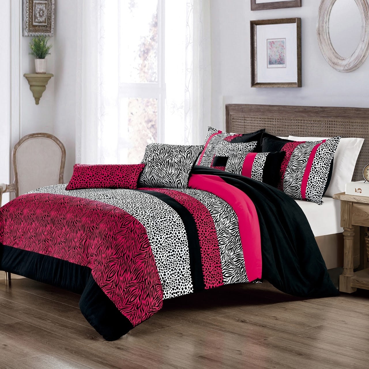 7 Piece Pink Black White Zebra Animal Print Comforter Set Soft Bedding