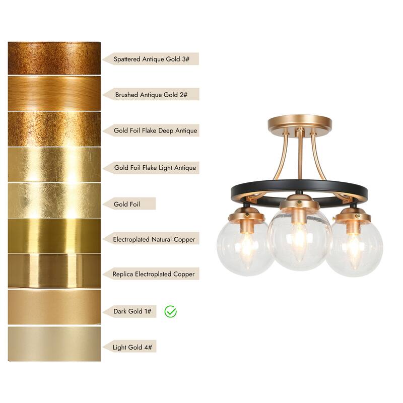 Modern Farmhouse 3-Light Black Gold Semi-Flush Mount Glass Ceiling Light - 14.5" D x 12" H