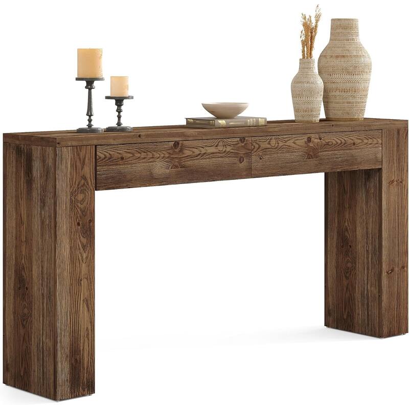 63 Inches Solid Wood Extra Long Console Table with 2 Drawer for Entryway Hallway Foyer, Sofa Table Behind Couch
