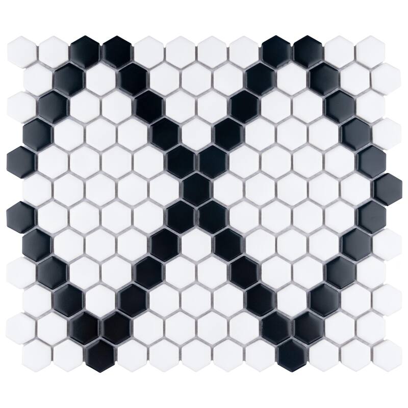 Merola Tile Metro 1" Hex Matte White w/Black Diamond 10-1/4" x 11-7/8" Porcelain Mosaic Floor and Wall Tile