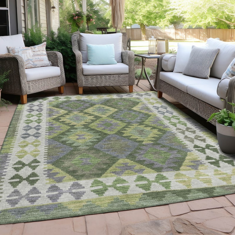 Machine Washable Indoor/ Outdoor Boho Global Chantille Rug - Olive - 9' x 12' - Rectangle
