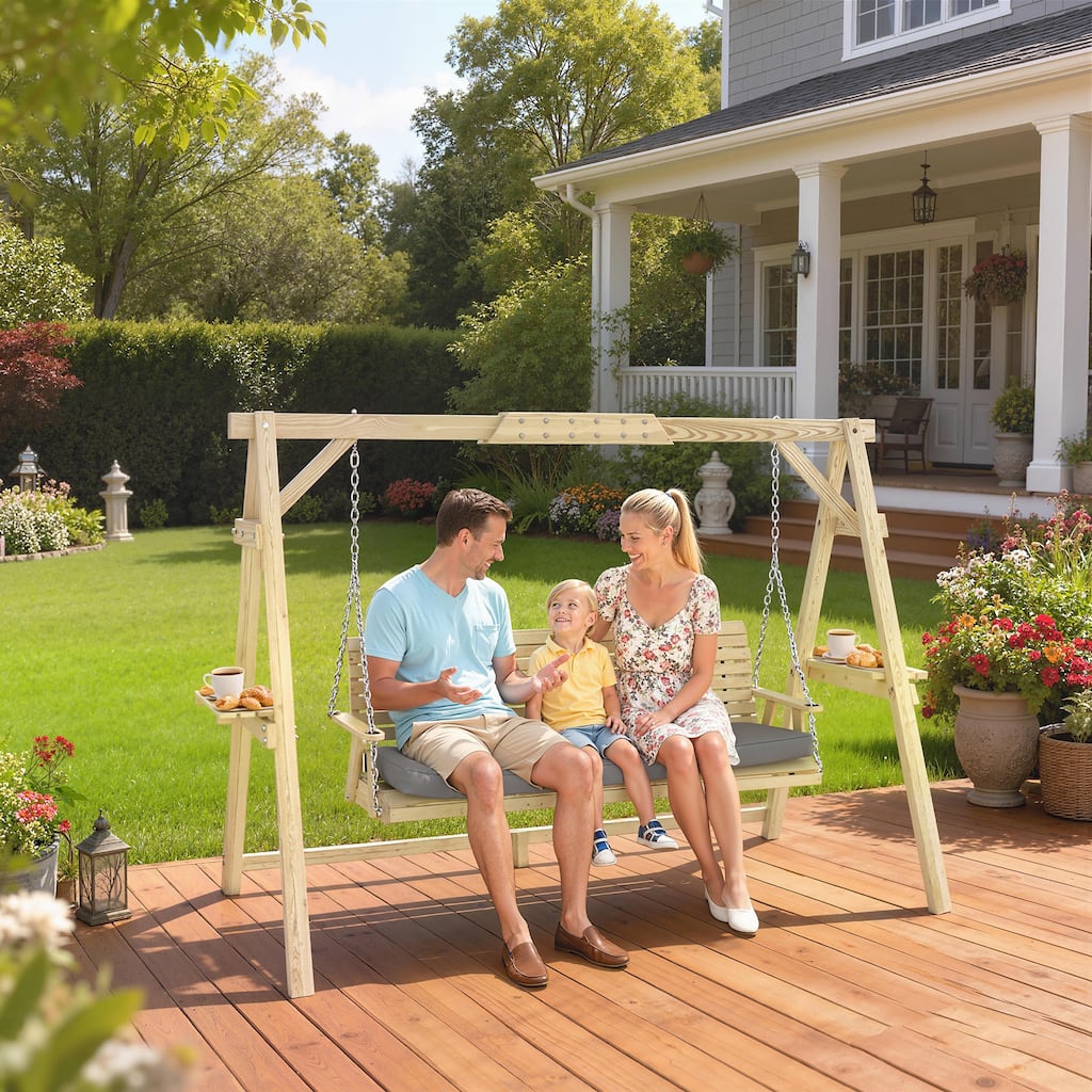 Outsunny 3 Seat Porch Swing with Stand, Wooden Patio Swing Chair with Cushion, Side Trays and Metal Chains