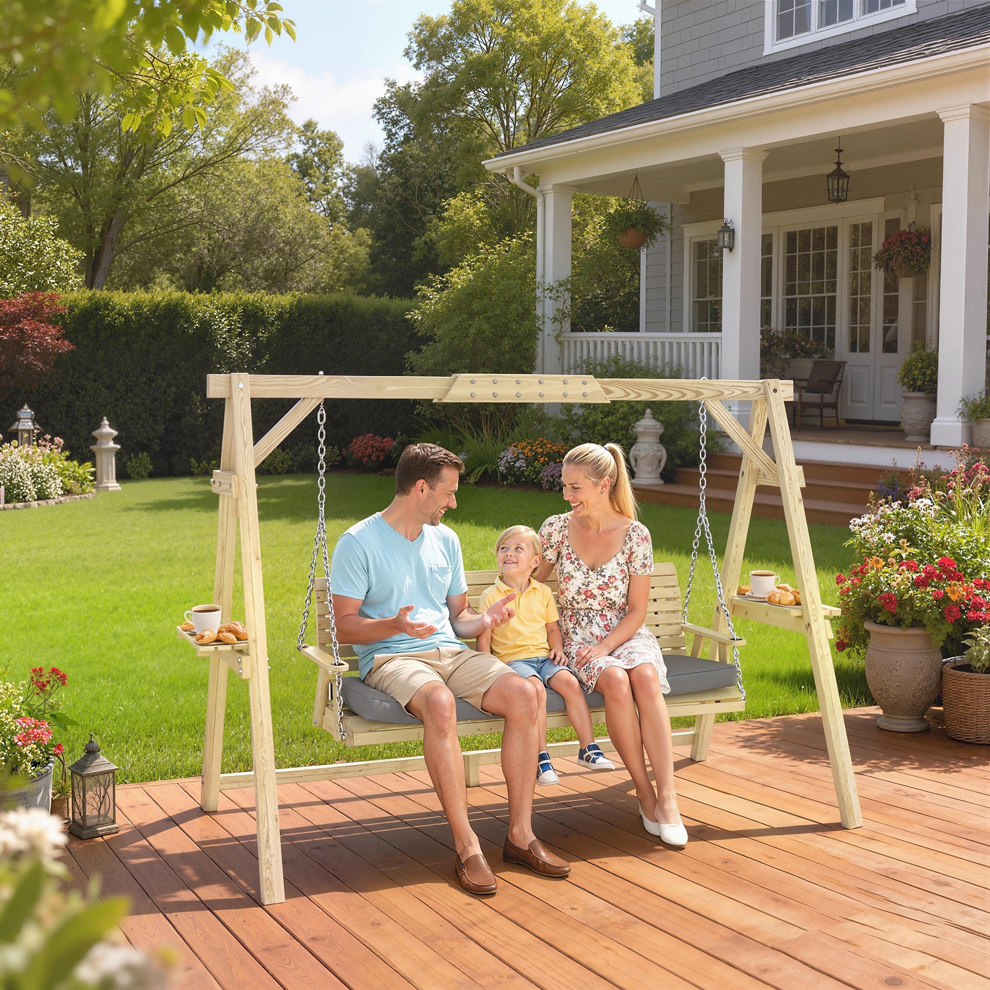 Outsunny 3 Seat Porch Swing with Stand, Wooden Patio Swing Chair with Cushion, Side Trays and Metal Chains
