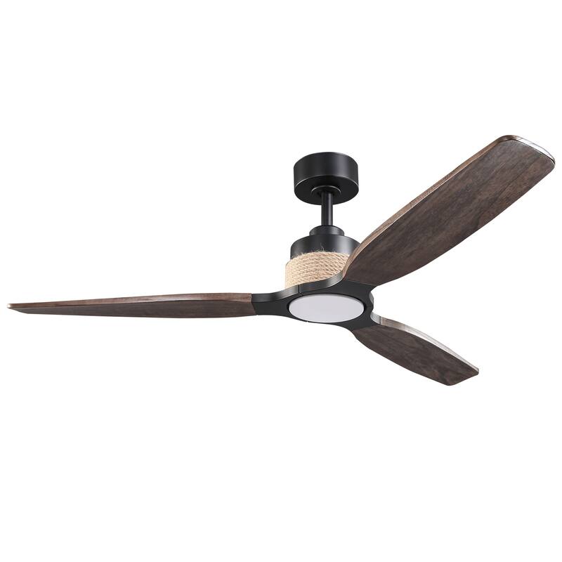 Parrot Uncle 56" Transition Black Solid Wood Jute Dimmable LED Ceiling Fan with Light and Remote