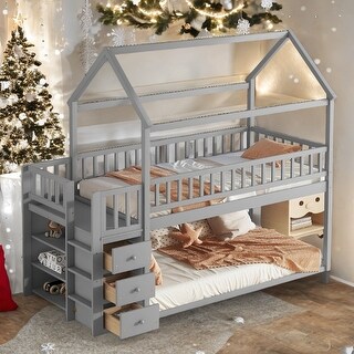 Twin over Twin House Bunk Bed With Shelves And Drawers