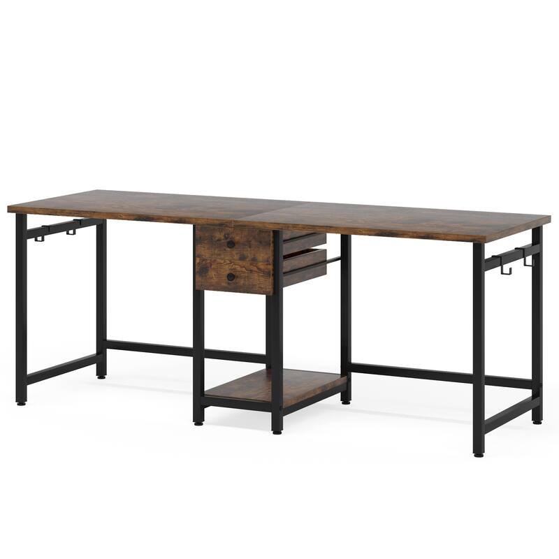 79-Inch Two Person Computer Desk with Drawers and Storage Shelves, Rustic Brown