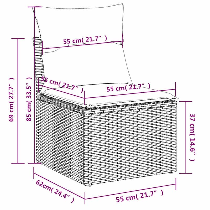 vidaXL 3 Piece Patio Sofa Set with Cushions Grey Poly Rattan - 21.7" x 24.4" x 27.2"