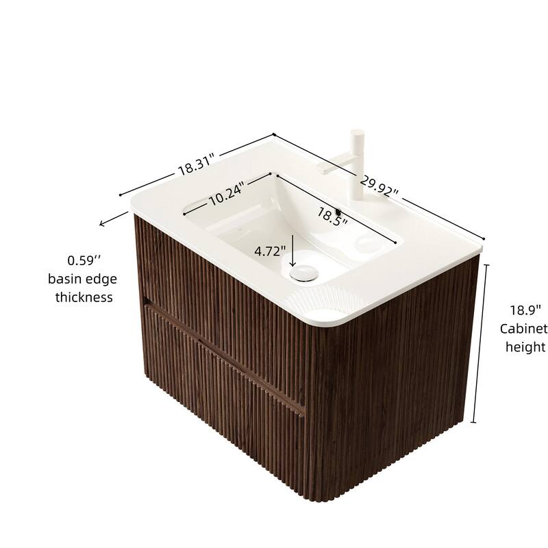 GDFStudio - Noor Modern Floating Bathroom Vanity with Dual Drawers & White Ceramic Basin, WITHOUT Faucet