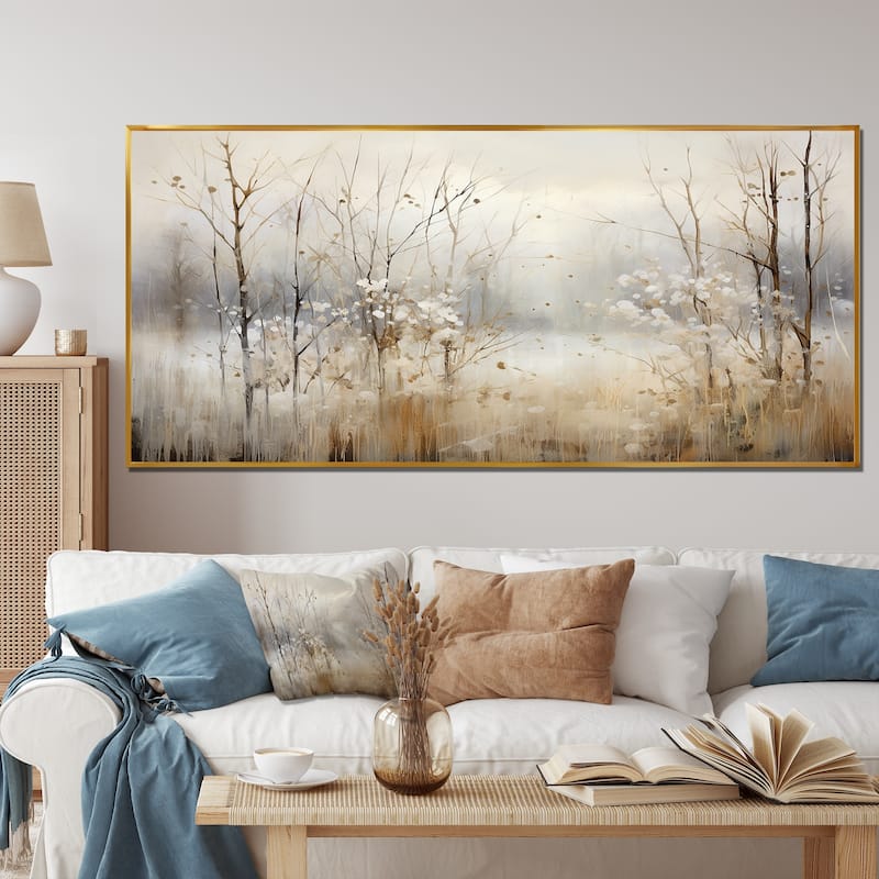 Designart "Winter Meadow View Calmness II" Meadow Grey Wall Decor - Traditional Bedroom Framed Canvas Wall Art - 60 in. wide x 28 in. high - Gold