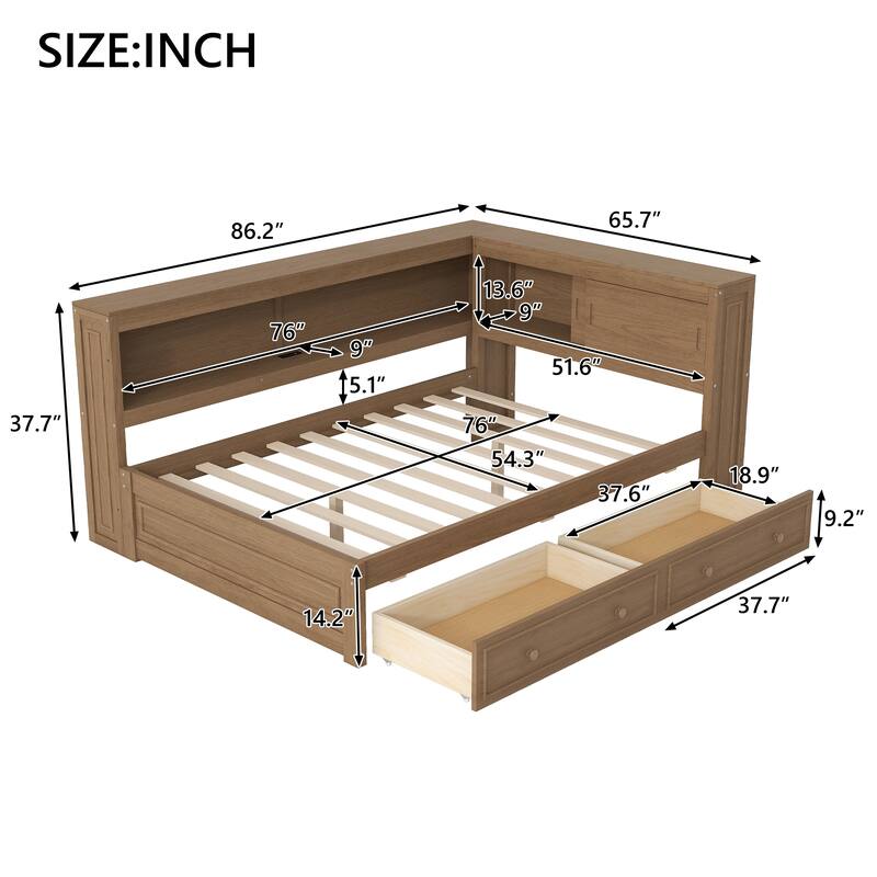 Roomfitters Full Size Wood Daybed with LED Lights, USB Ports and 2 Drawers