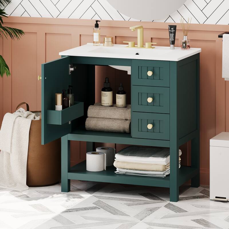Bathroom Vanity with Ceramic Sink, Freestanding Bathroom Vanity with Soft Close Door, Solid Wood Sink Cabinet with Open Shelf