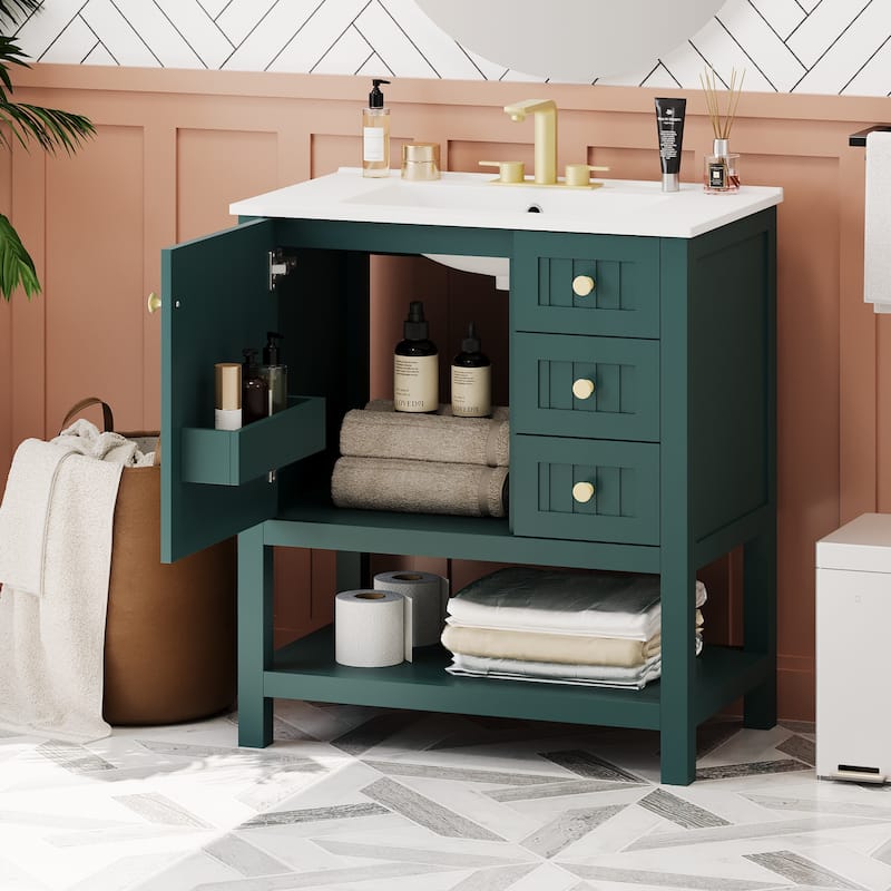 GDFStudio - Mark 30" Transitional Style Bathroom Vanity Cabinet with Ceramic Sink - 30" - Green