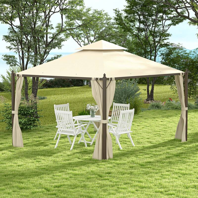 Outsunny 10' x 12' Steel Outdoor Patio Gazebo with Polyester Privacy Curtains, Two-Tier Roof for Air, & Large Design