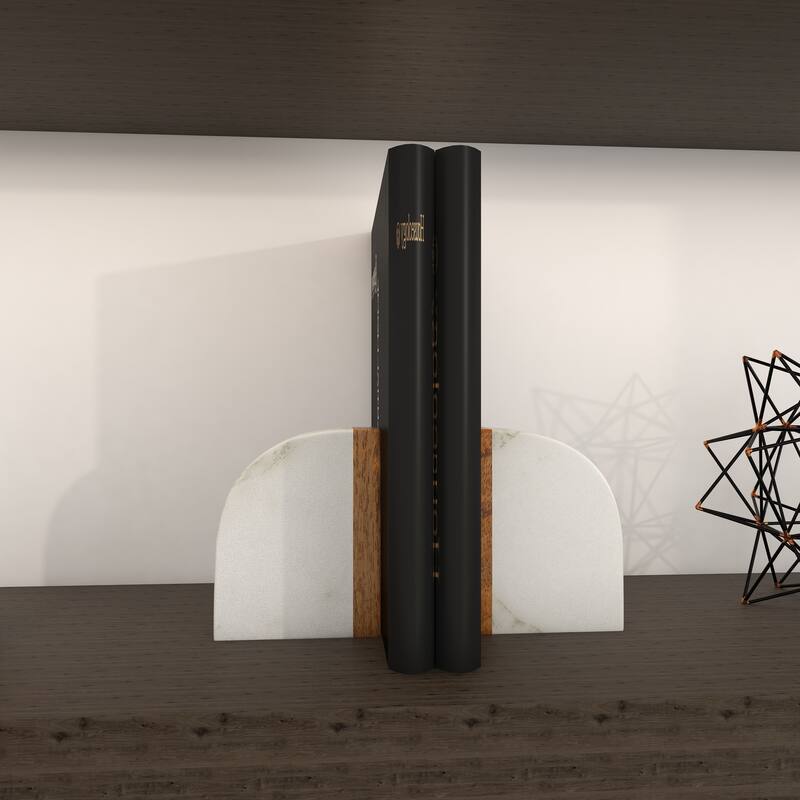 White Marble 5 lbs Decorative Bookends with Wood Details (Set of 2)
