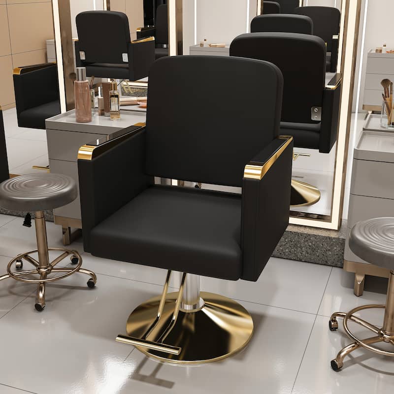 Roomfitters Hydraulic Salon Chair with 360° Swivel, Heavy Duty Barber Stylist Chair with Non-Tilting Gold Base, Black and Gold
