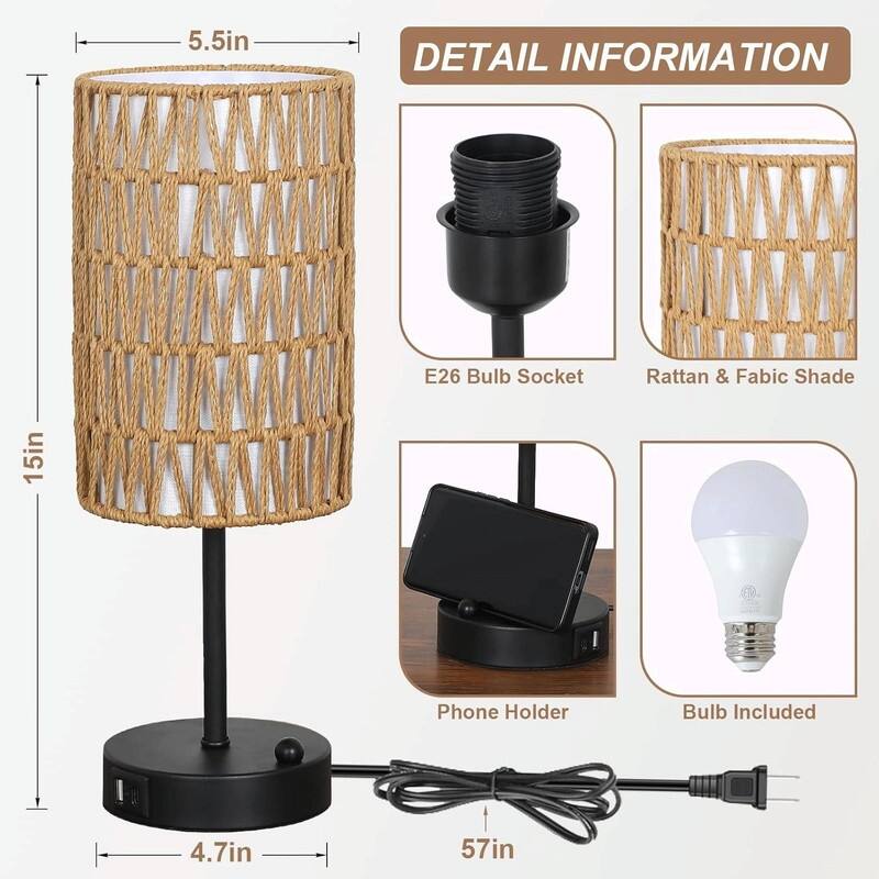 Rattan & Linen Shade, 3-Way Dimmable Bedside Lamp with USB Charging Port and Phone Stand