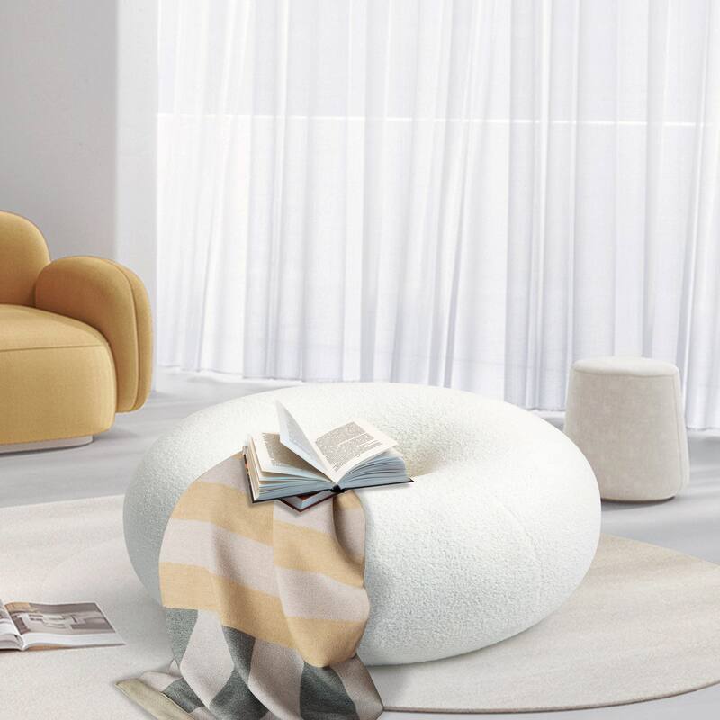 XINMICS 29.7" Donut Teddy Fleece Fabric Pouf Ottoman - White